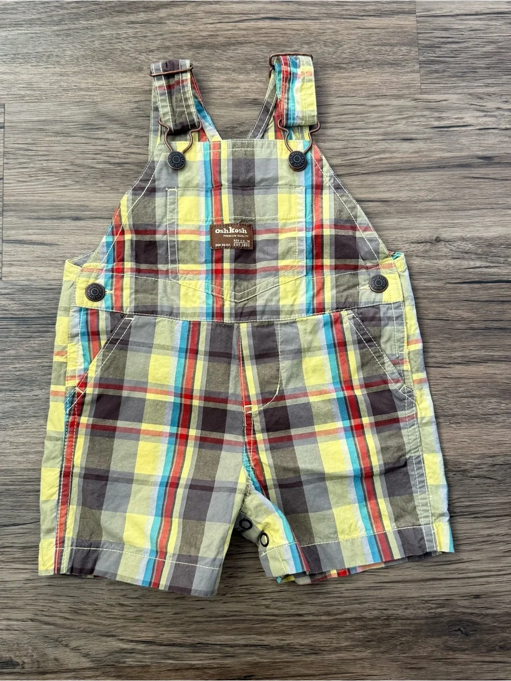 OshKosh Retro Baby Plaid Shortalls Overalls Yellow Grey Turquoise Size 9 Months